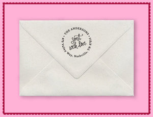 Natalie Chang Sent with Love Personalized Self-inking Round Return Address Stamp on Envelope