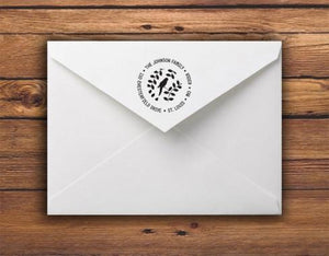 Kelly Hughes Bird & Branches Personalized Self-inking Round Return Address Stamp on Envelope