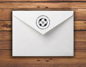 Kelly Hughes Buffalo Check Personalized Self-inking Round Return Address Stamp on Envelope