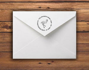 Kelly Hughes Flamingo Personalized Self-inking Round Return Address Stamp on Envelope