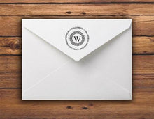 Kelly Hughes Greek Key Personalized Self-inking Round Return Address Stamp on Envelope